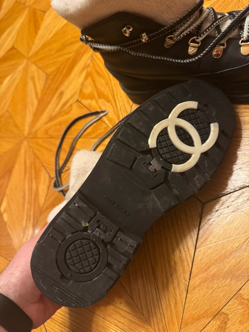 Chanel Black and Shearling-Trim Lace-Up Winter Snow Boots - Picture 3 of 16